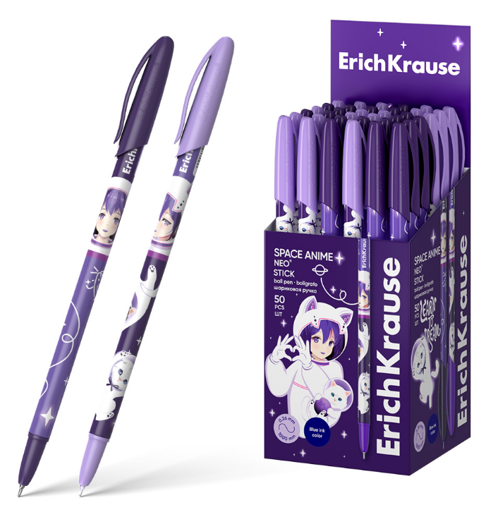 Ручка шарик. ErichKrause "Neo Stick Space Anime" синяя, 0,7 мм, Ultra Glide, кругл.тонир.корпус с рис., одноразовая