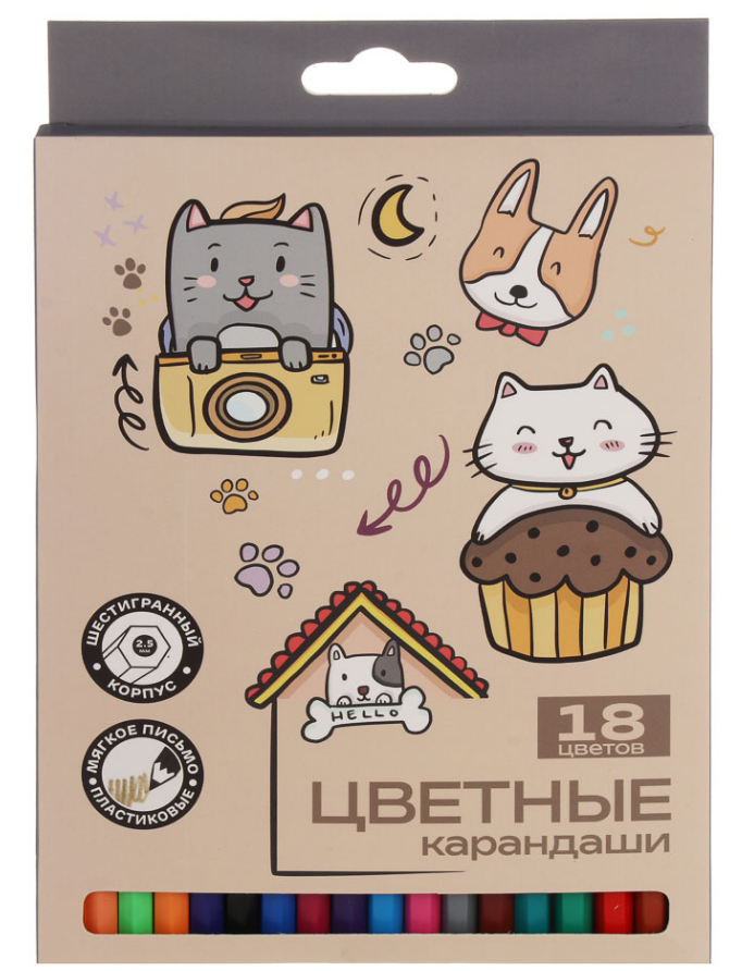 Карандаши 18 цв.  пластик. ClipStudio "Минисо Стайл" шестигран., заточ., к/к