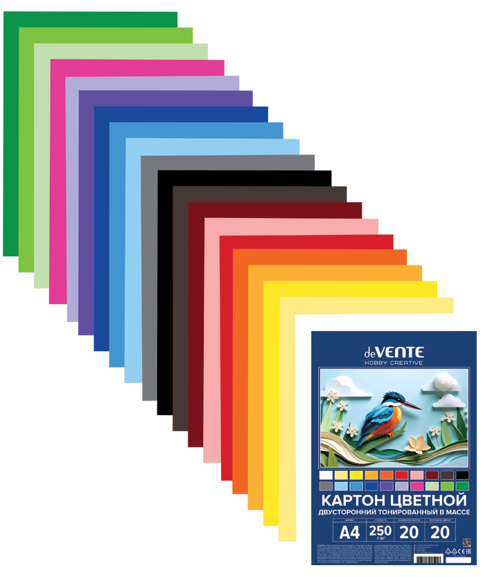 Картон А4 двусторонний тонир. 20л. 20цв. deVENTE "HOBBY CREATIVE" 250г/м2