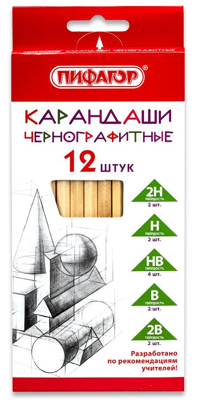 Карандаши пр. 12 шт. Пифагор (2H-2B) шестигран., заточ., к/к