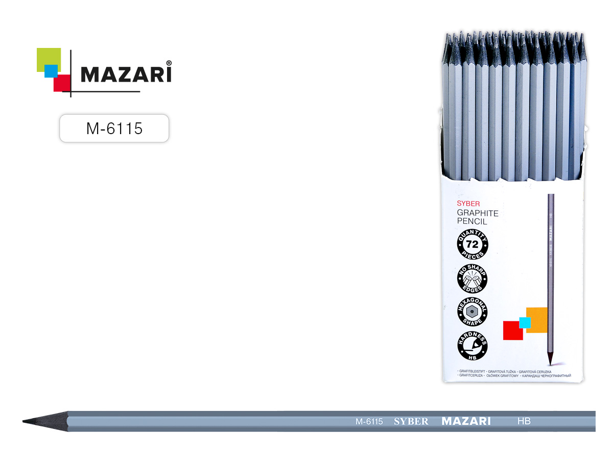 Карандаш пластик  шестигран., HB/ТМ MAZARI "Syber" черный пластик, серебр.корп.
