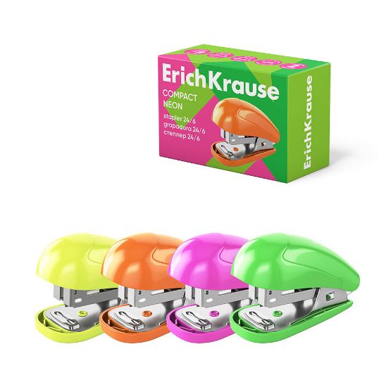 Степлер  № 24/6 на 20л. мини ErichKrause "Compact Neon" пластик., антистеплер, ассорти