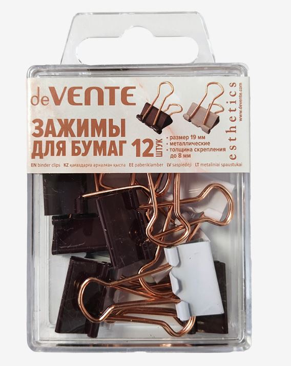 Зажим для бумаг 19 мм цветн. deVENTE "Esthetics" ассорти, 12шт/наб, пластик.коробка