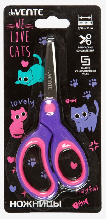 Ножницы 13 см. deVENTE "Funny Cats" прорезин. ручки, закругленные концы