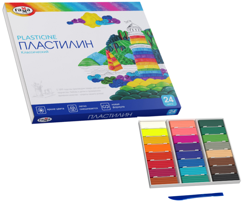Пластилин 24 цв. ГАММА "Классический" 480гр, стек, к/к