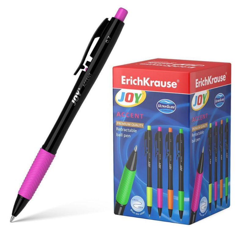 Ручка шарик. авт. ErichKrause "Joy Accent Matic&Grip" синяя, 0,7мм, резин. грип, ассорти, кнопочн. механизм