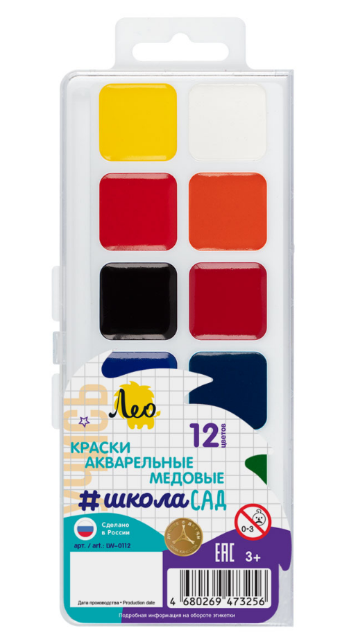 Краски 12 цв. акв. медов. Лео "Учись. ШколаСад" б/к