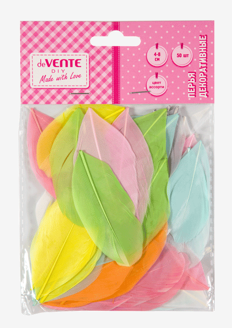 Набор д/декорирования  deVente "Перья. Leaf" перо гусиное  4-8 см, 50 шт, ассорти пастель, блистер