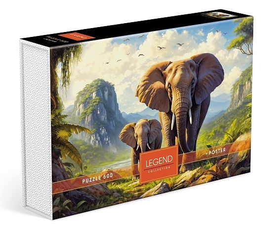 Пазлы  500 Хатбер Premium LEGEND "Жизнь слонов" А2, подарочн. коробка + постер 