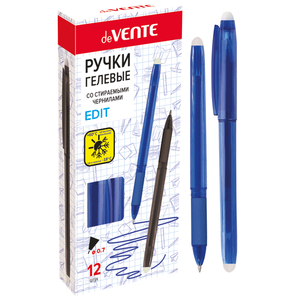 Ручка Пиши-стирай гелевая deVENTE "Edit" синяя, 0,7 мм, рез держатель, полупрозр корпус, 2 ластика