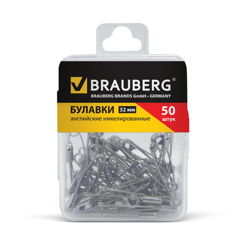 Булавки англ. 32мм.  50 шт никел. BRAUBERG пласт/к 