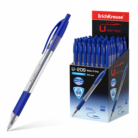 Ручка шарик. авт. ErichKrause "U-209 Classic Matic&Grip" синяя, 1,0мм, игольч., кнопочн. механизм, одноразовая