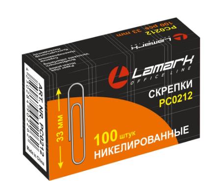 Скрепки канц. 33 мм 100 шт. никелиров. круглые. Lamark