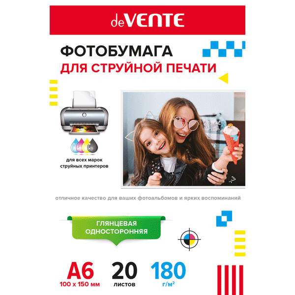 Фотобумага одностор. глянц.  А6 180 г/м.кв.  20л. deVENTE