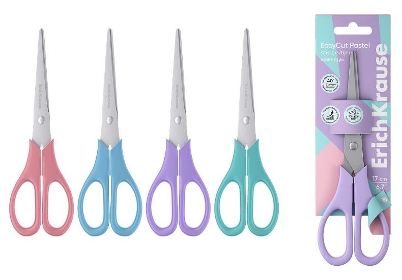 Ножницы 17 см. ErichKrause "EasyCut Pastel" ассорти