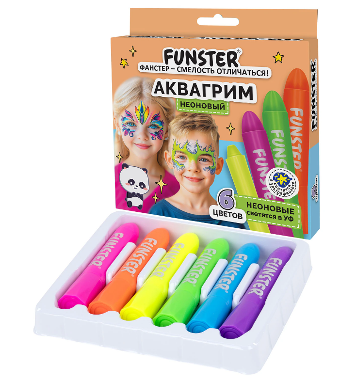Краски д/грима  6 цв. FUNSTER "Аквагрим" для лица и тела, неоновые цвета, легко смываются
