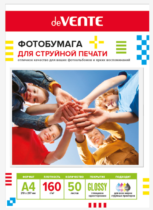 Фотобумага одностор. глянц.  А4 160 г/м.кв.  50л. deVENTE пакет