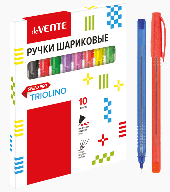 Ручки шарик. 10 цв. deVENTE "Triolino Translucent" 0,7 мм, масл.основа, игольч., рифл.грип, к/к