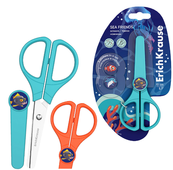 Ножницы 13 см. ErichKrause "Sea Friends Protect" чехол, наклейки, цвет ассорти